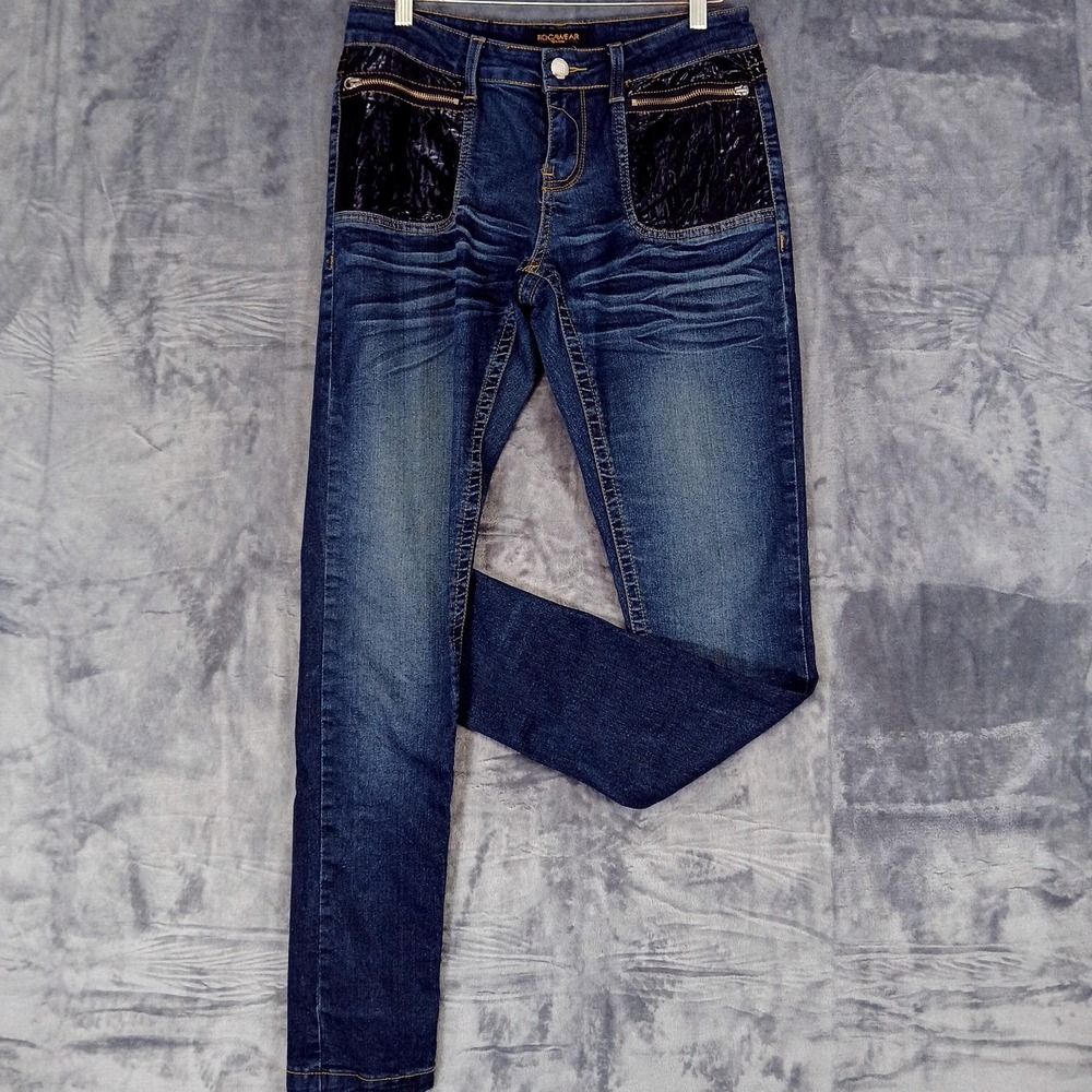 Rocawear Jeans Womens 9 Blue Skinny Faux‎ Leather Zip Pocket Denim Pants Stretch